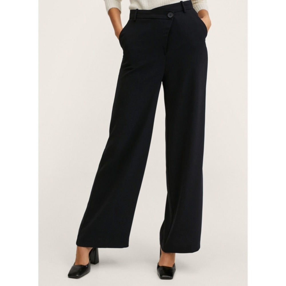 Mango Solid Black Wide Leg Criss Cross Crepe Trouser Pants Women's Size 6